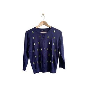 Cable & Gauge Pineapple Cardigan Navy Blue Buttons Women's M Embroidered
